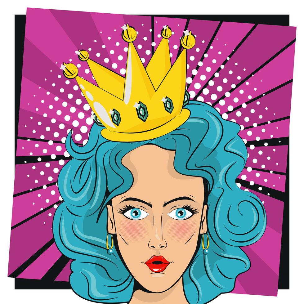 Hermosa mujer con cabello azul y corona de reina estilo pop art vector