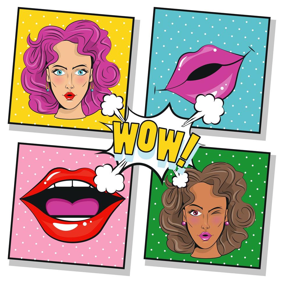 beautiful girls characters and mouths pop art style poster vector