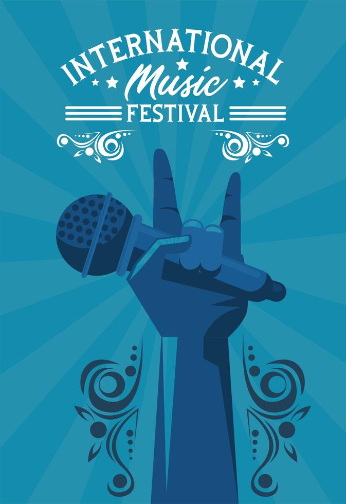 international music festival poster with hand lifting microphone in blue background vector