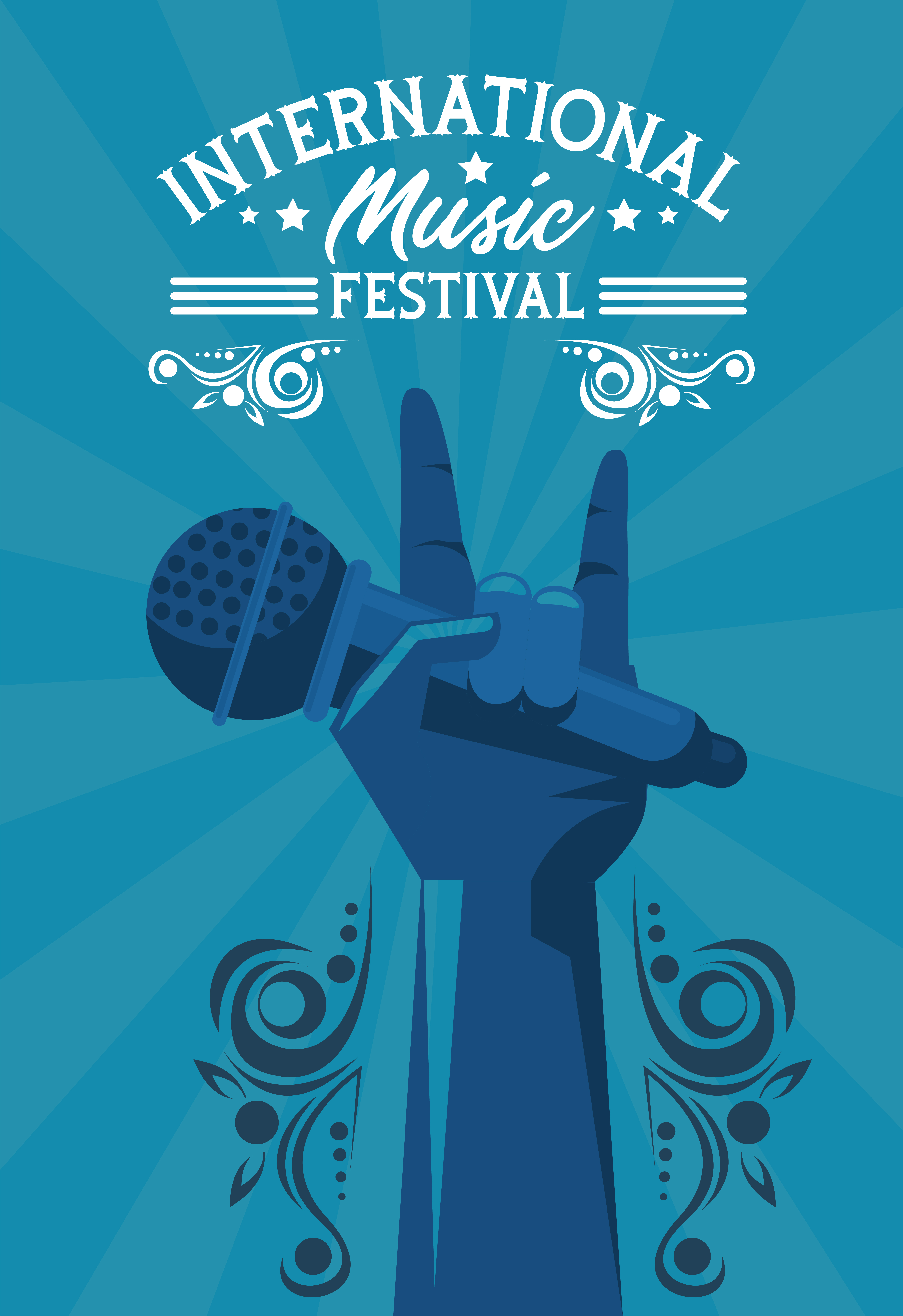 International Music Festival Poster With Hand Lifting Microphone In Blue Background 2468968 Vector Art At Vecteezy