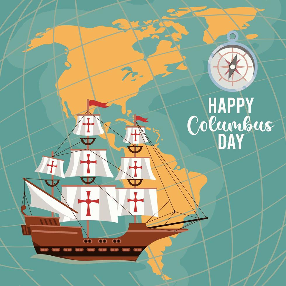 happy columbus day celebration with ship and american continents maps vector