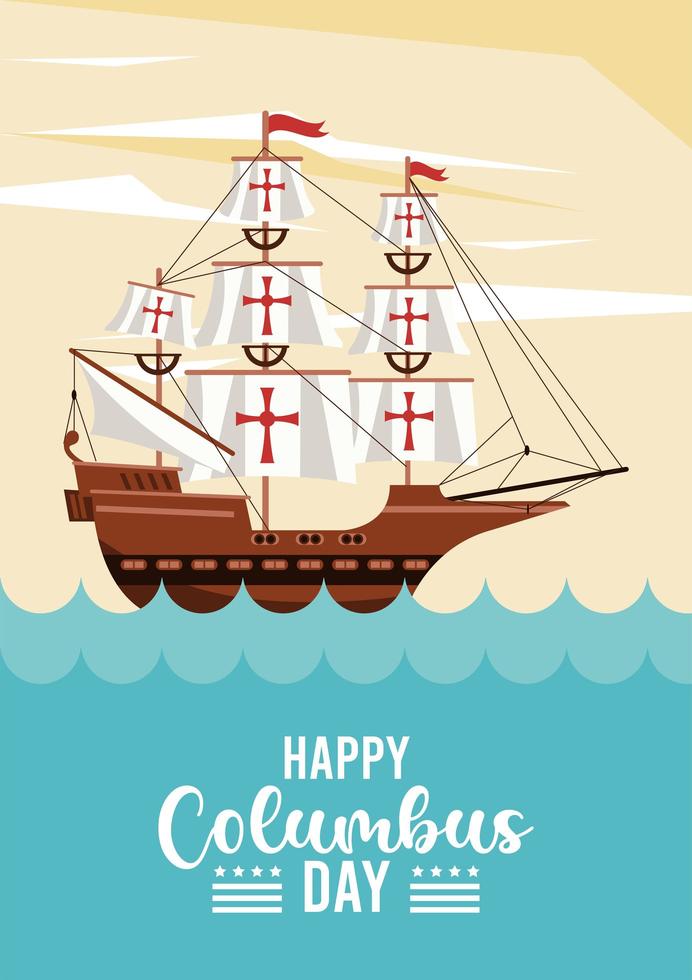 happy columbus day celebration with sailboat and ocean scene vector