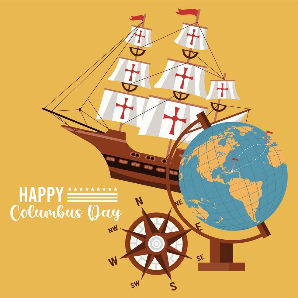feliz celebración del día de colón con barco y mapa del mundo vector