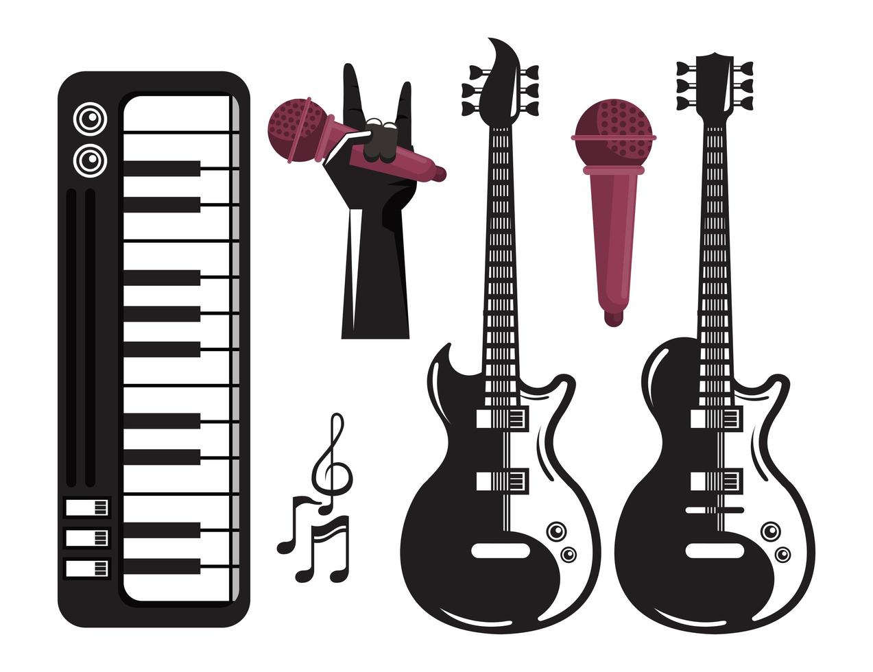 international music festival poster with electric guitars and set icons vector