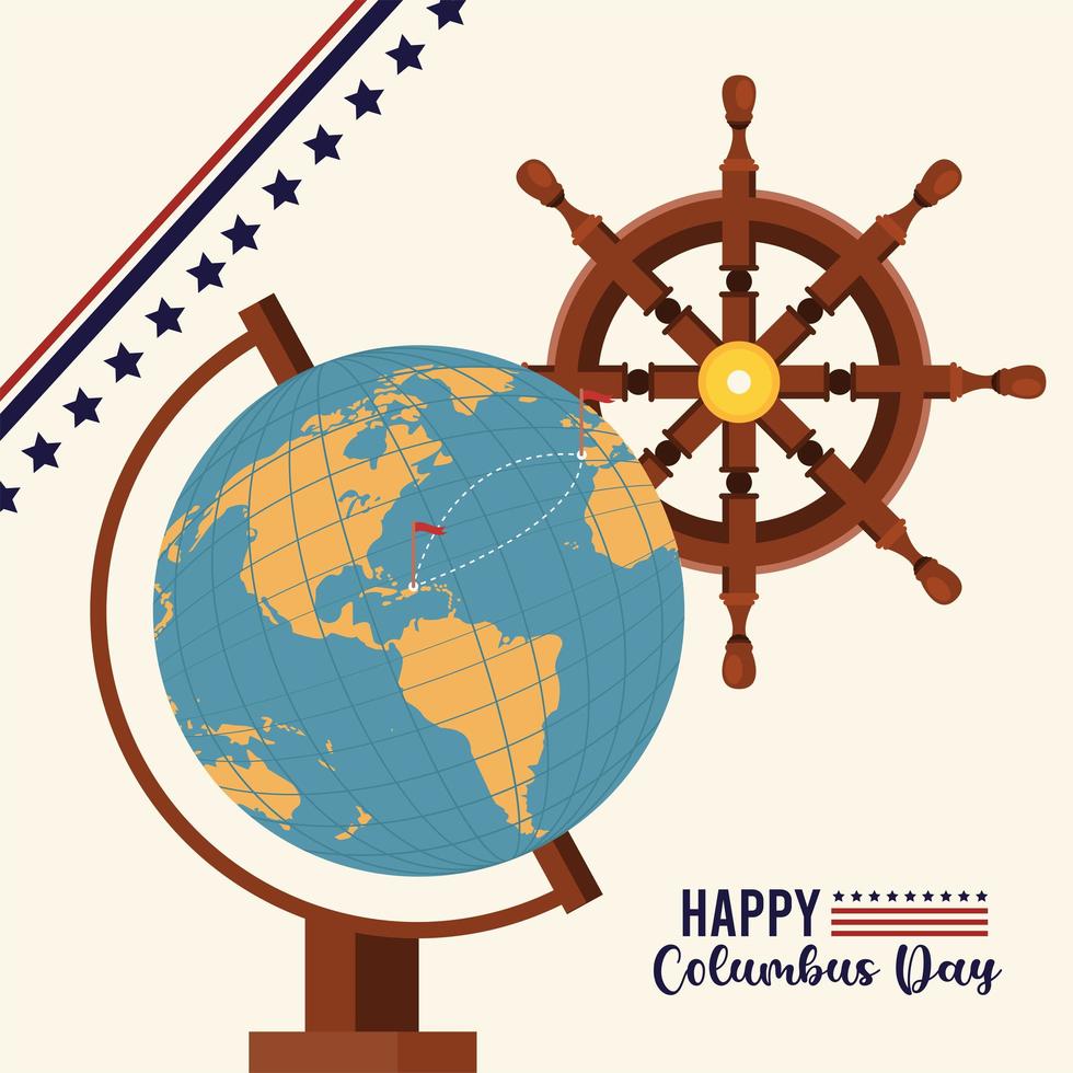 feliz celebración del día de colón con mapa del mundo y timón de barco vector