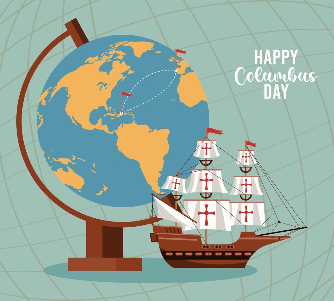 feliz celebración del día de colón con velero y mapa del mundo vector