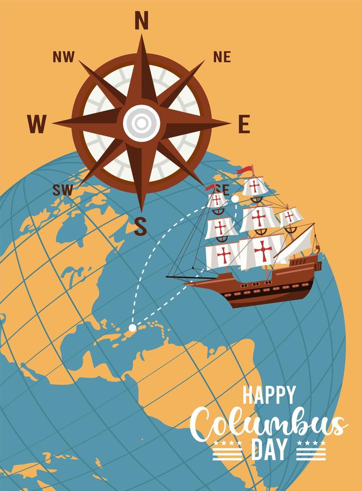 feliz celebración del día de colón con barco y planeta tierra vector