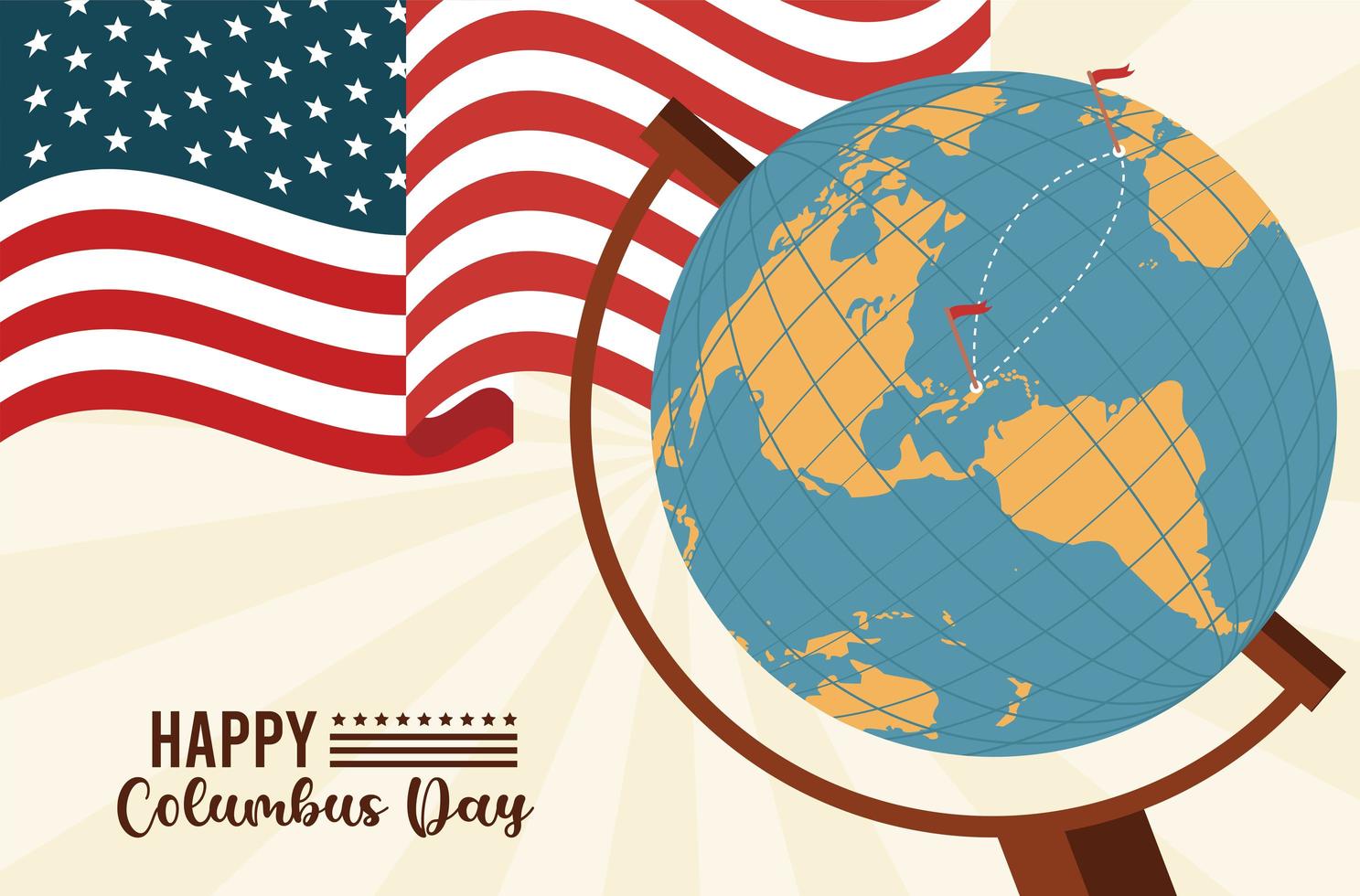 happy columbus day celebration with usa flag and earth map vector