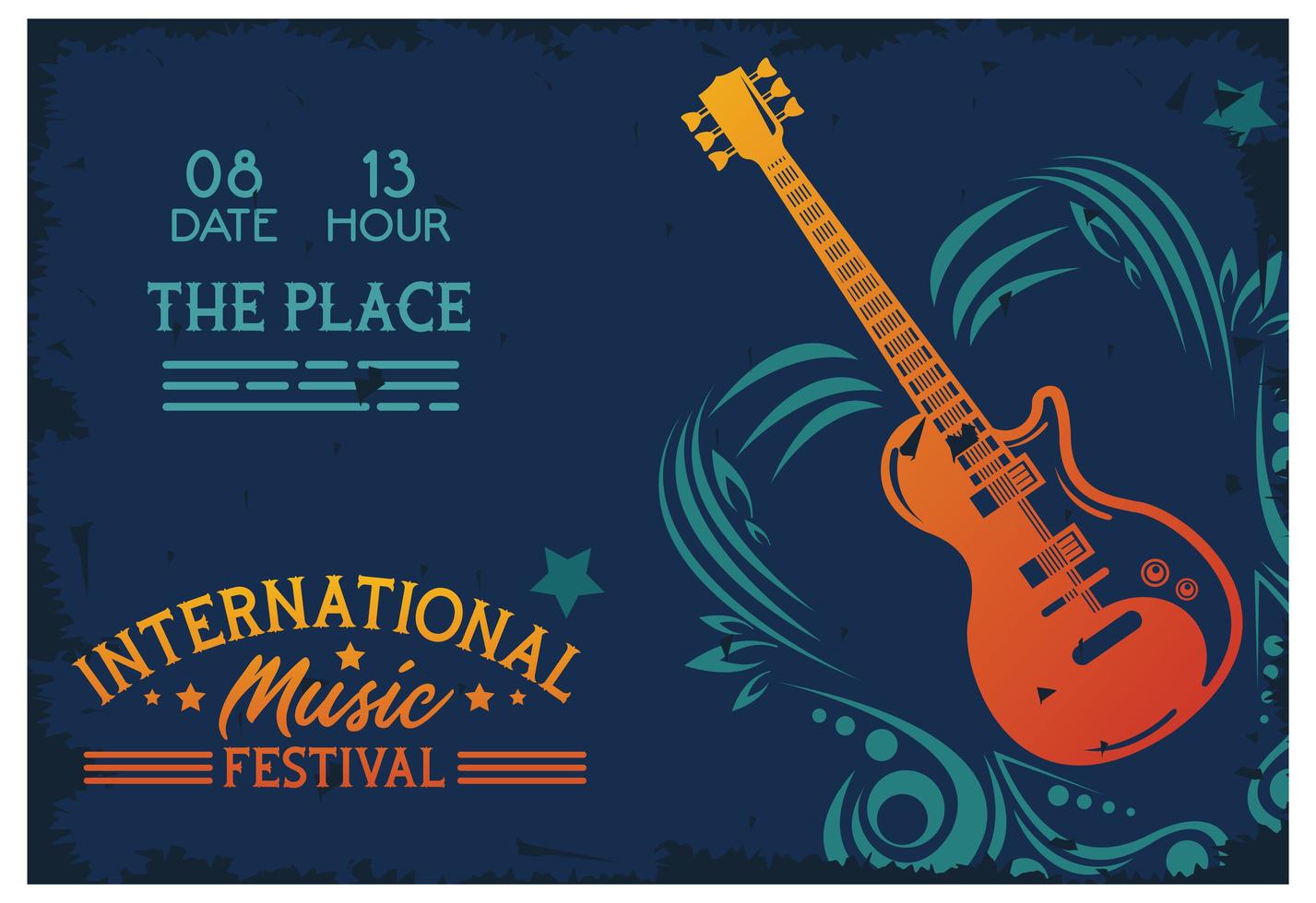 cartel del festival internacional de música con guitarra eléctrica y letras vector