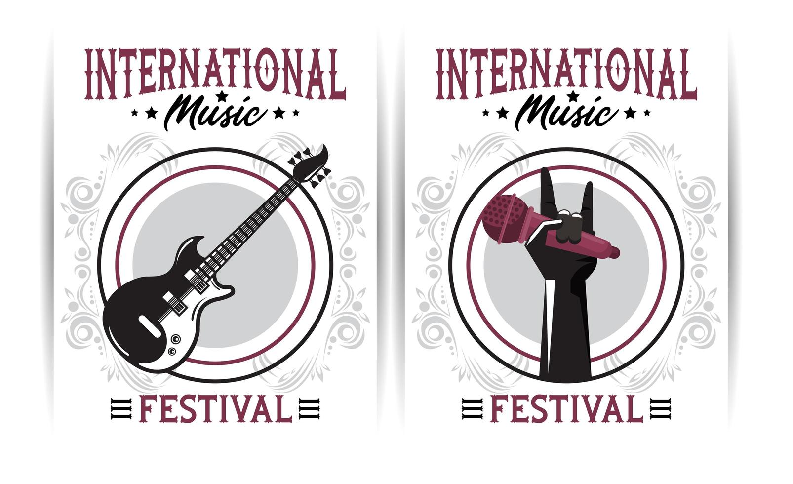 international music festival poster with electric guitar and hand lifting microphone vector