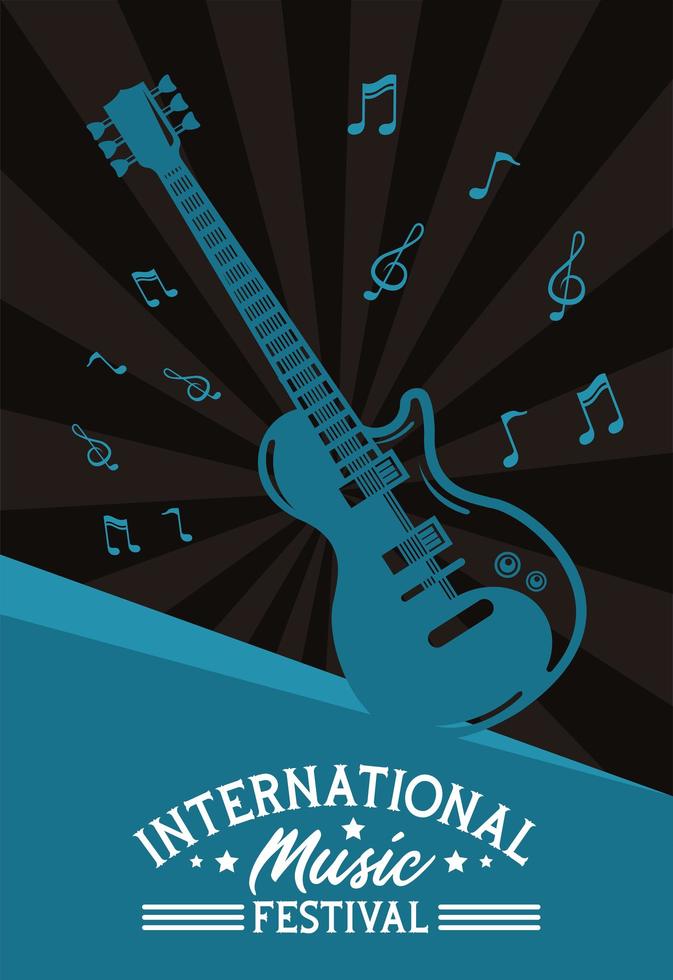 international music festival poster with electric guitar and notes vector