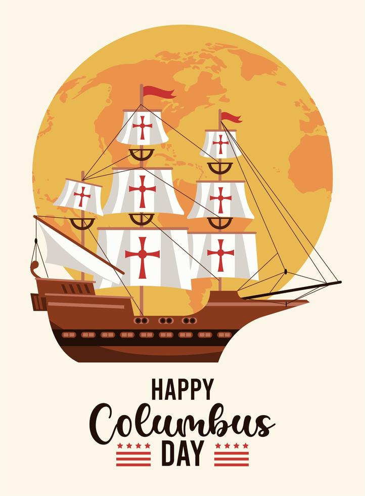 happy columbus day celebration with sail boat and earth planet vector