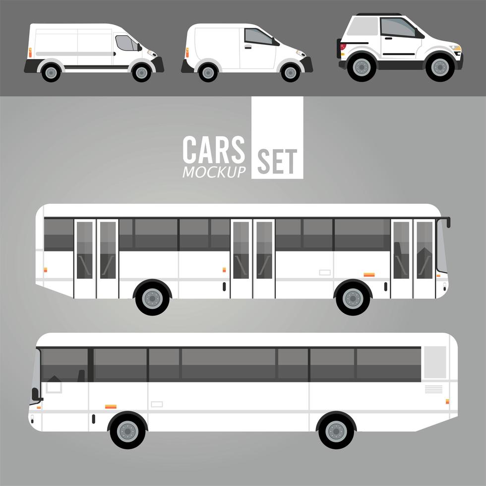 autobuses blancos y mini furgonetas maqueta coches vehículos iconos vector