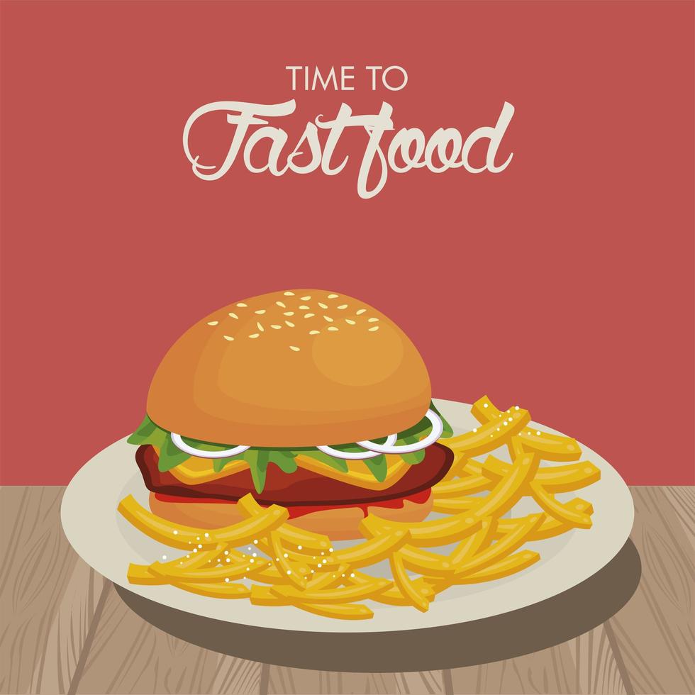 hamburger and french fries in dish delicious fast food vector