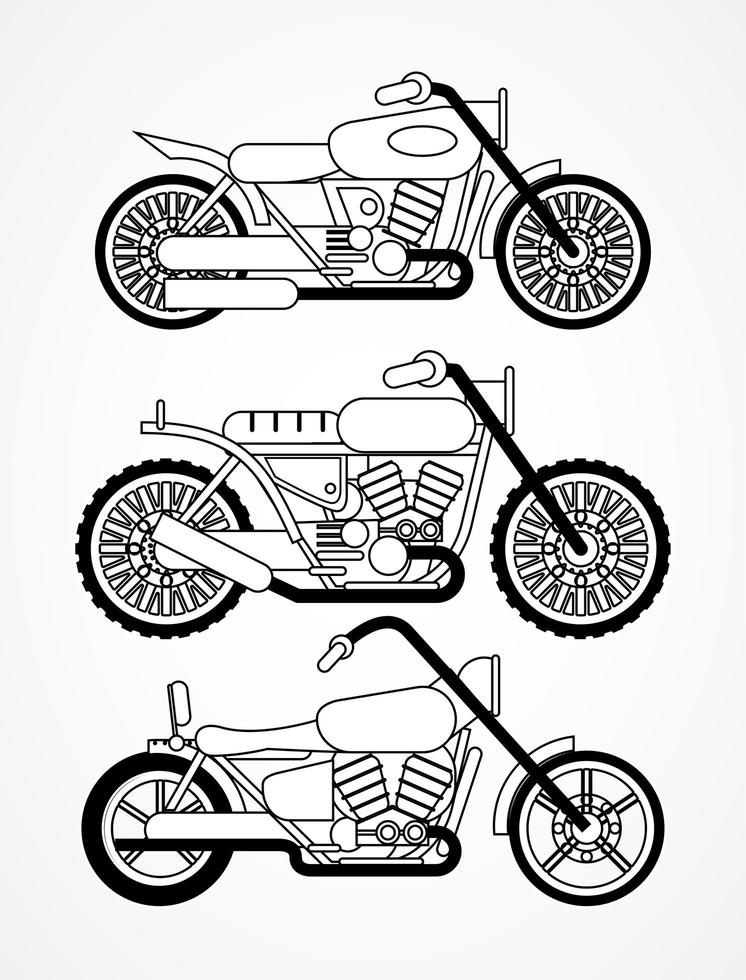 conjunto, de, helicópteros, motocicletas, estilo, vehículos, iconos vector