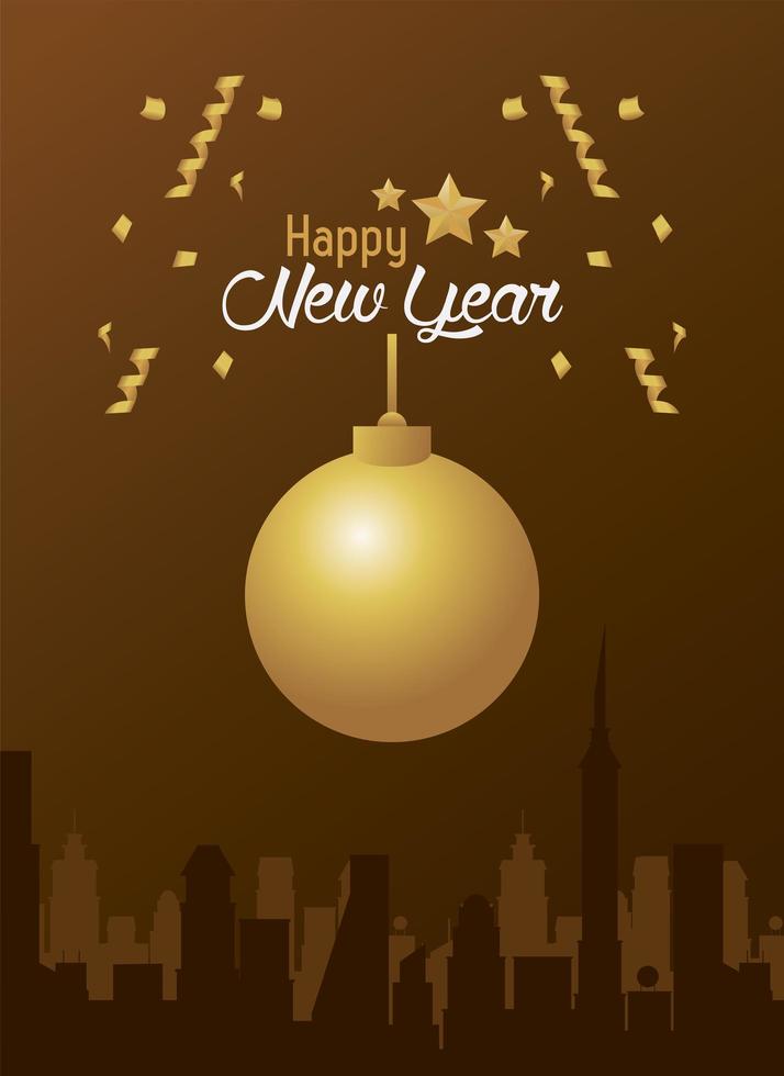 happy new year card with golden ball and cityscape vector