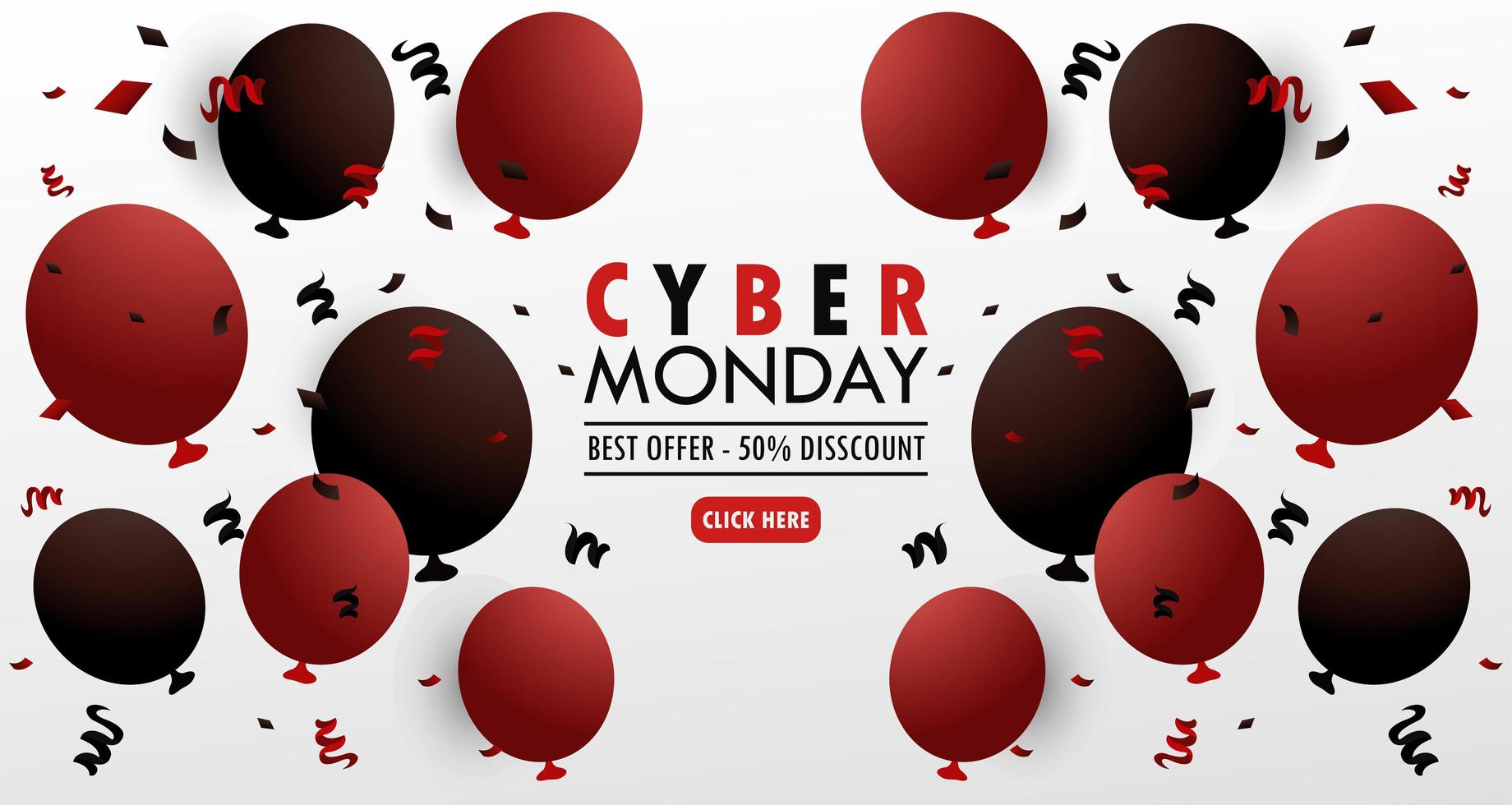 cartel de vacaciones de cyber monday con globos rojos helio vector