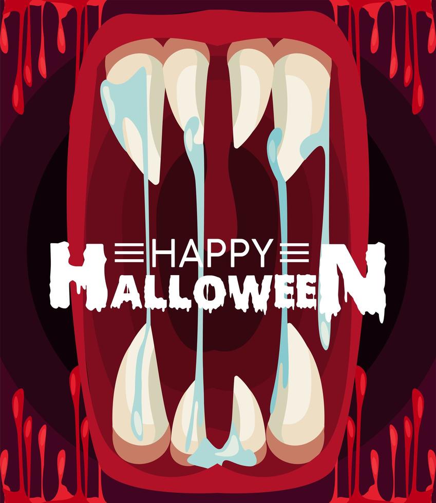 cartel de celebración de horror de halloween feliz con boca de monstruo y letras vector