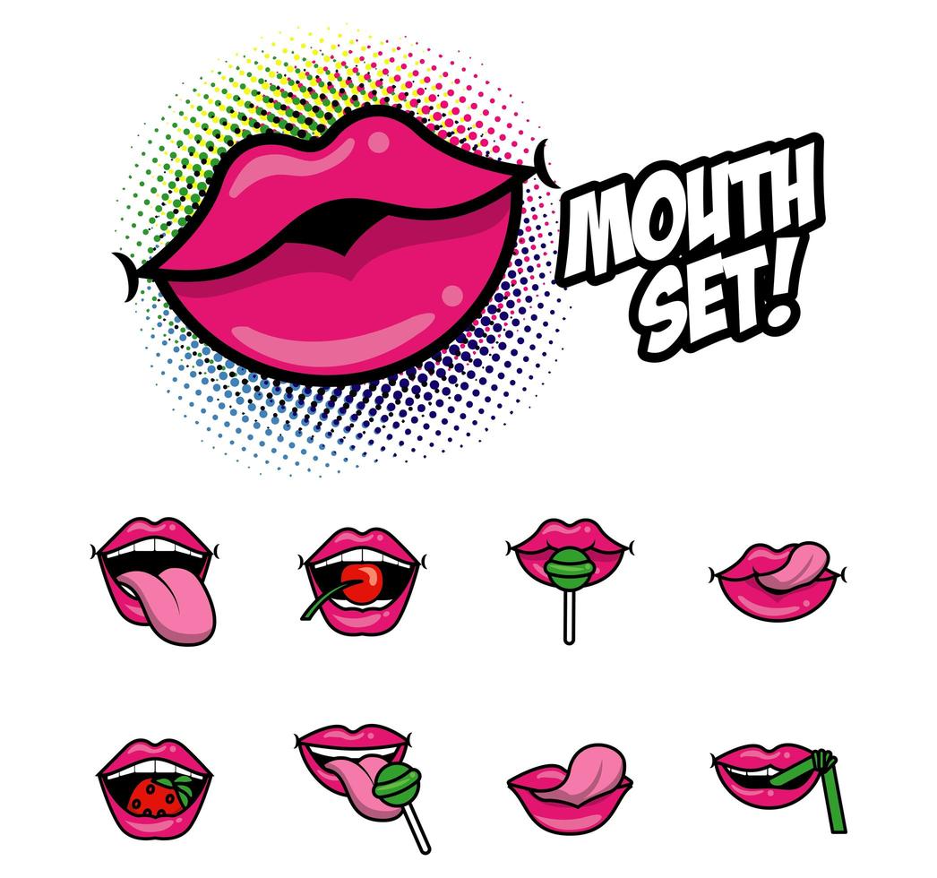 bundle of nine pop art mouths fill style icons vector