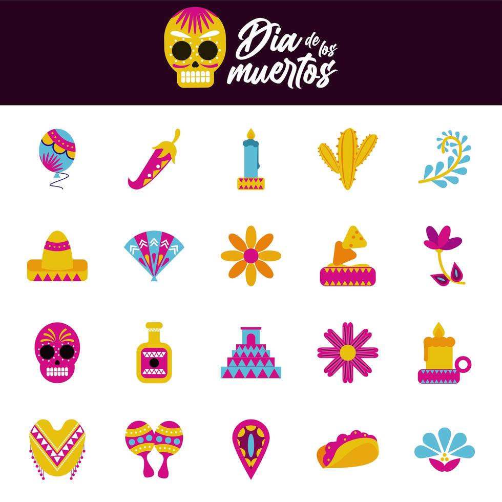 paquete de veinte dia de los muertos establecer iconos vector