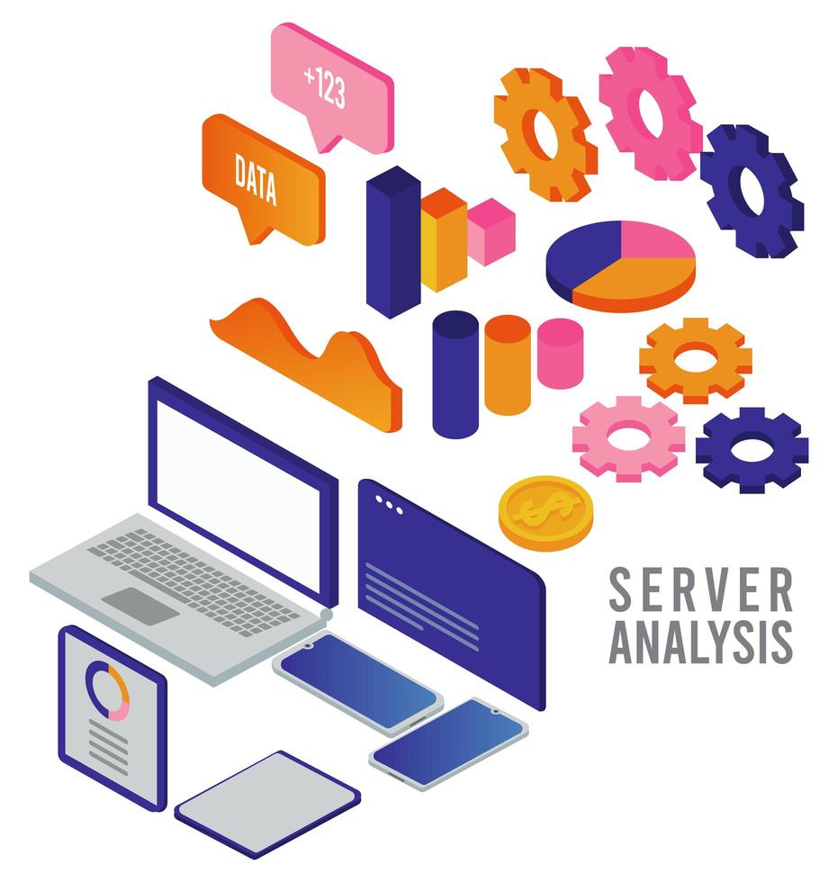 Tecnología de análisis de datos con dispositivos digitales e infografía estadística. vector