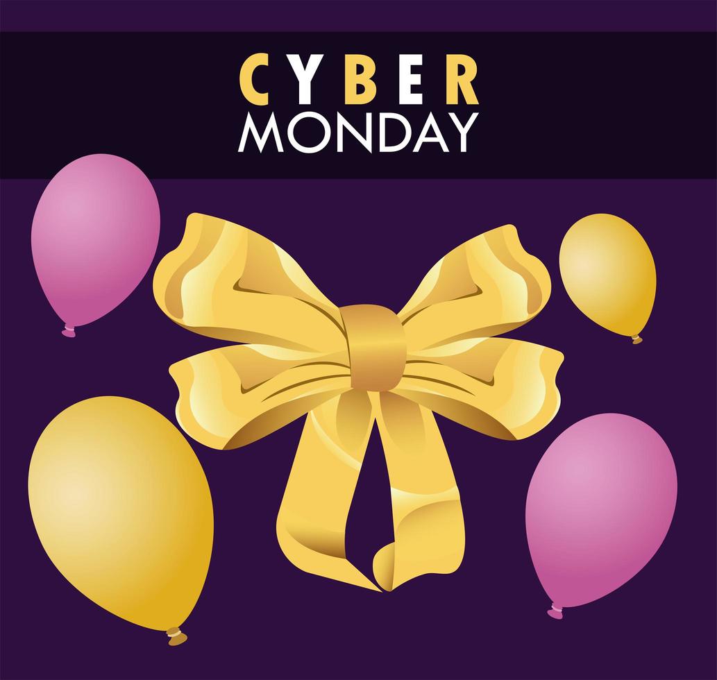 cartel de vacaciones de cyber monday con globos de helio púrpuras y dorados vector