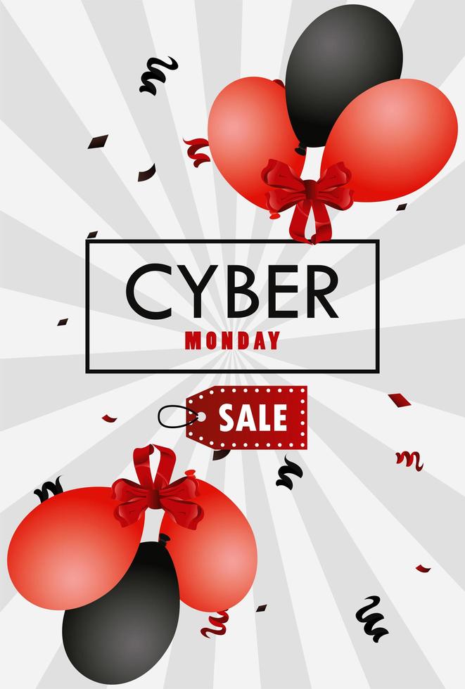 cartel de vacaciones de cyber monday con globos de colores rojo y negro helio vector