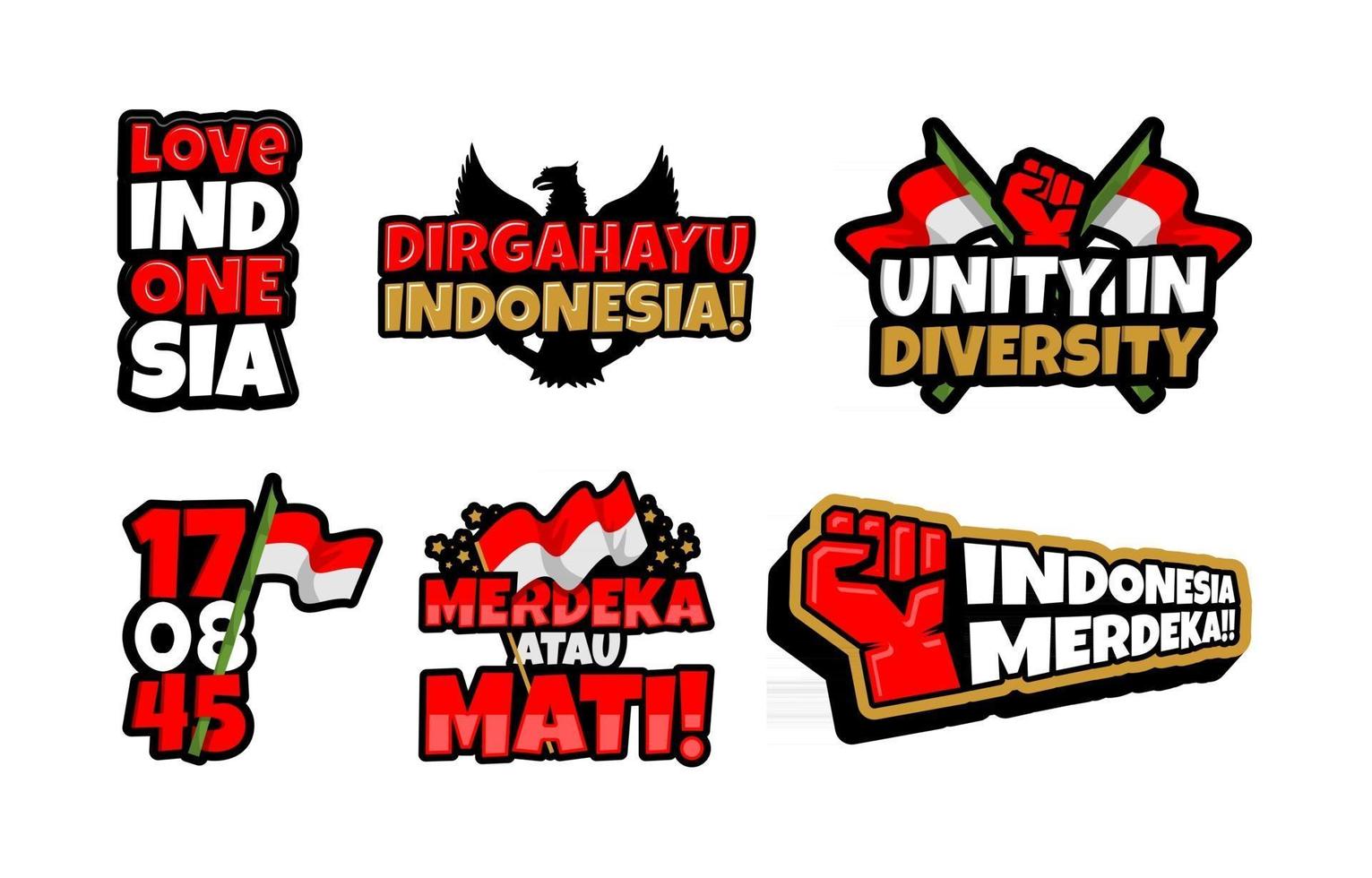 conjunto de pegatinas del día de la independencia de indonesia vector