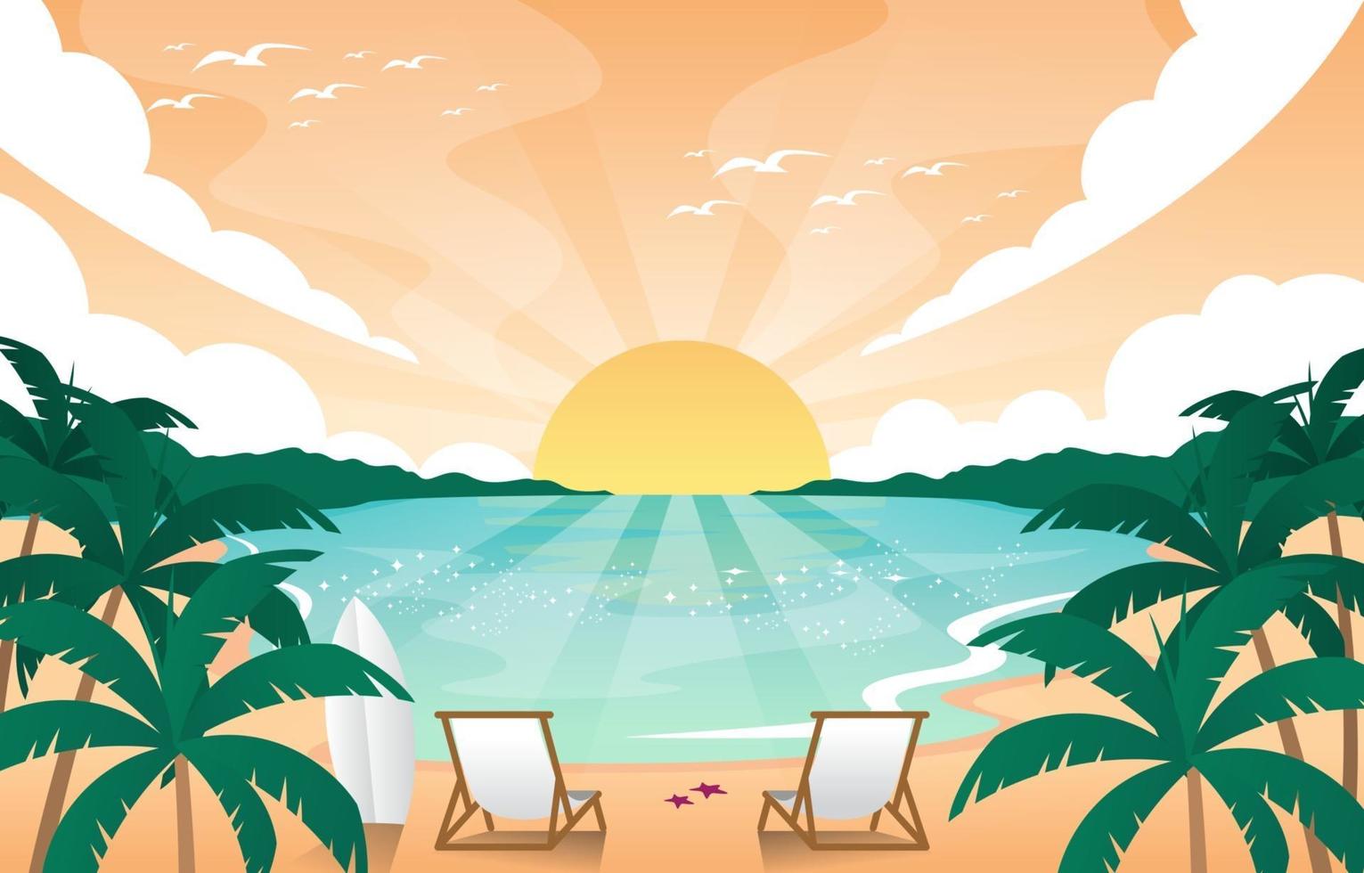 puesta de sol en la playa fondo de paisaje de verano vector