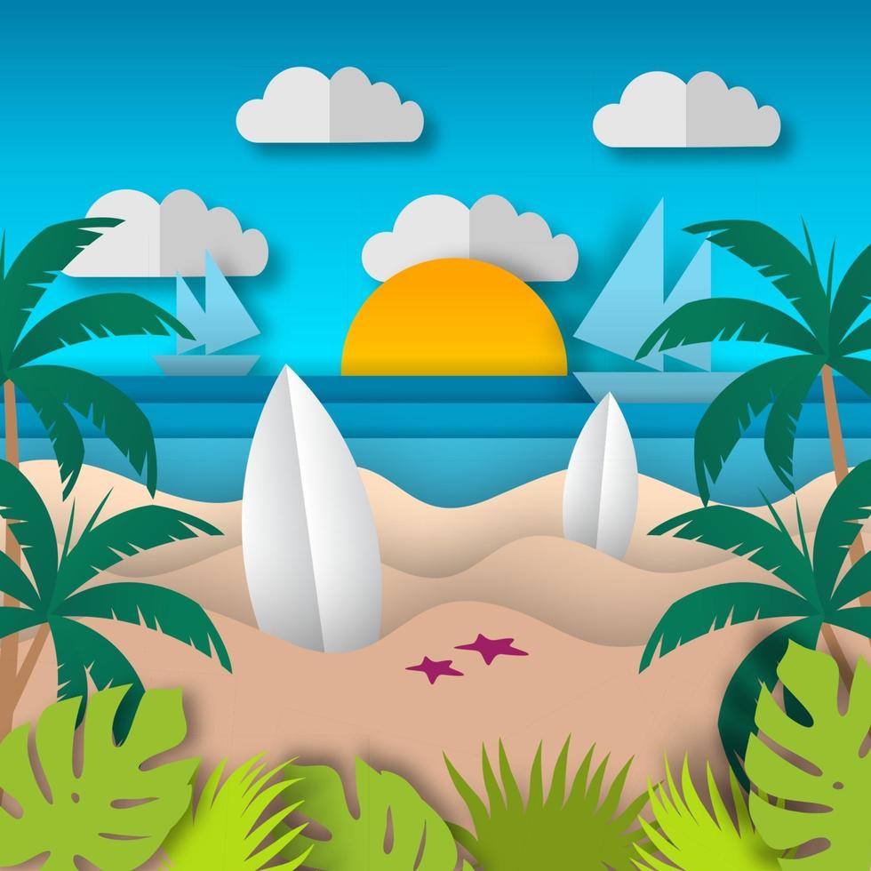 fondo de paisaje de verano de arte de papel vector