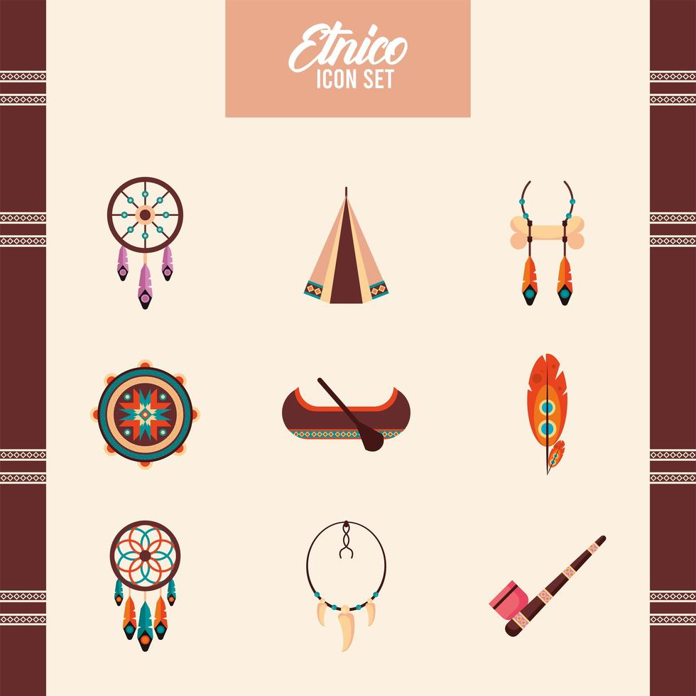 bundle of nine ethnic culture boho icons and lettering vector