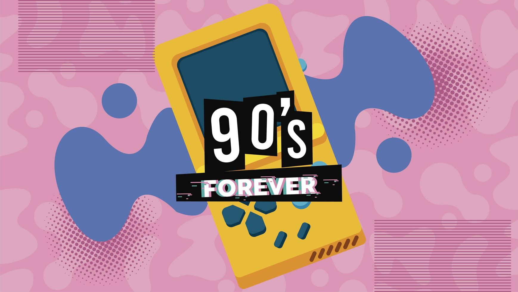 90s forever lettering with video game portable in pink background vector