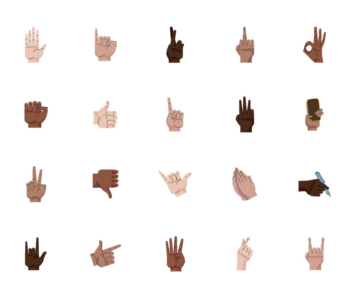 paquete de veinte manos humanos símbolos gestos iconos vector
