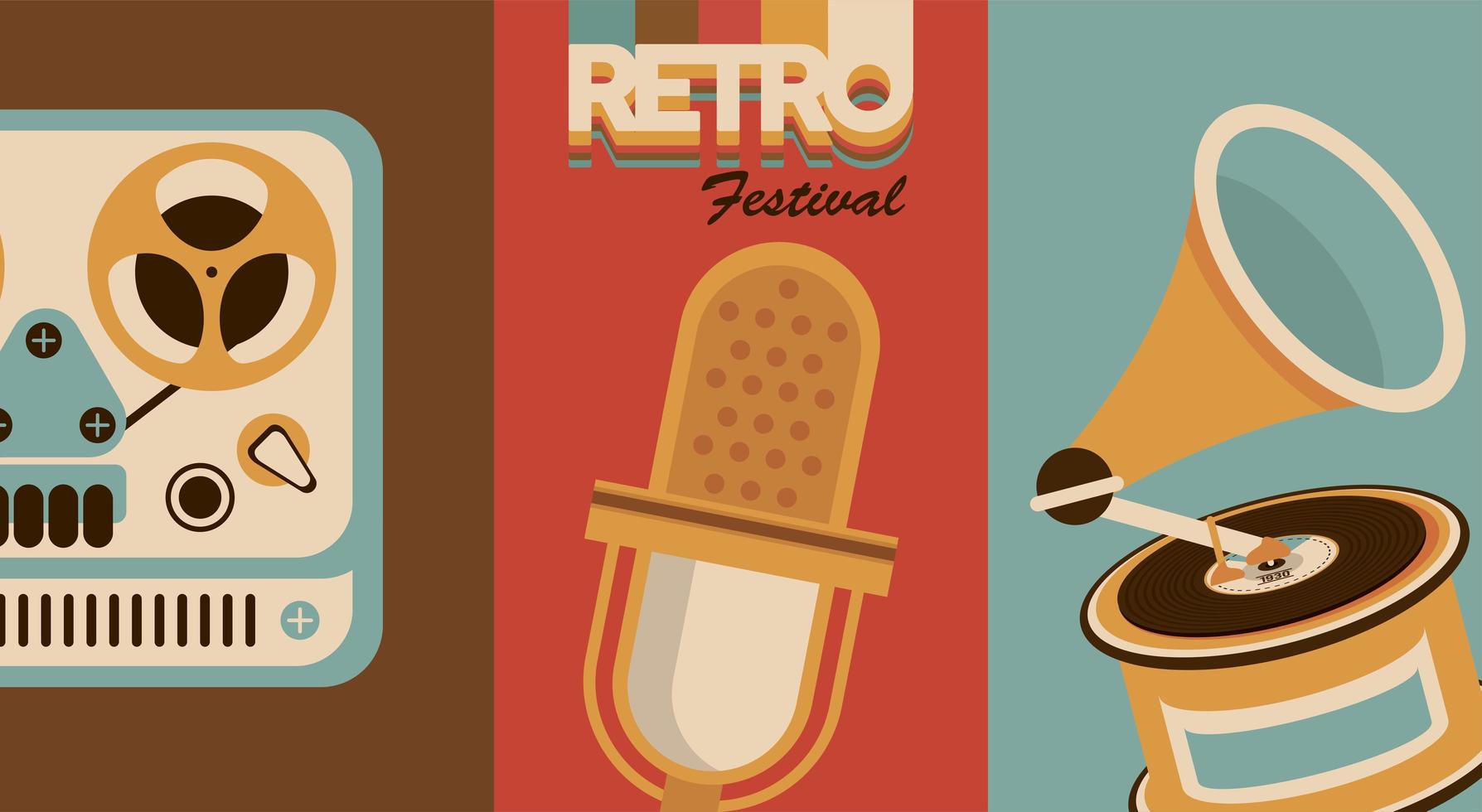 retro festival lettering poster with audio set icons vector