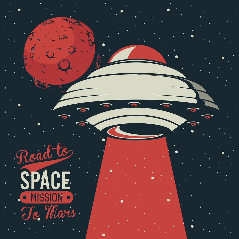 road to space lettering with ufo flying in poster vintage style vector