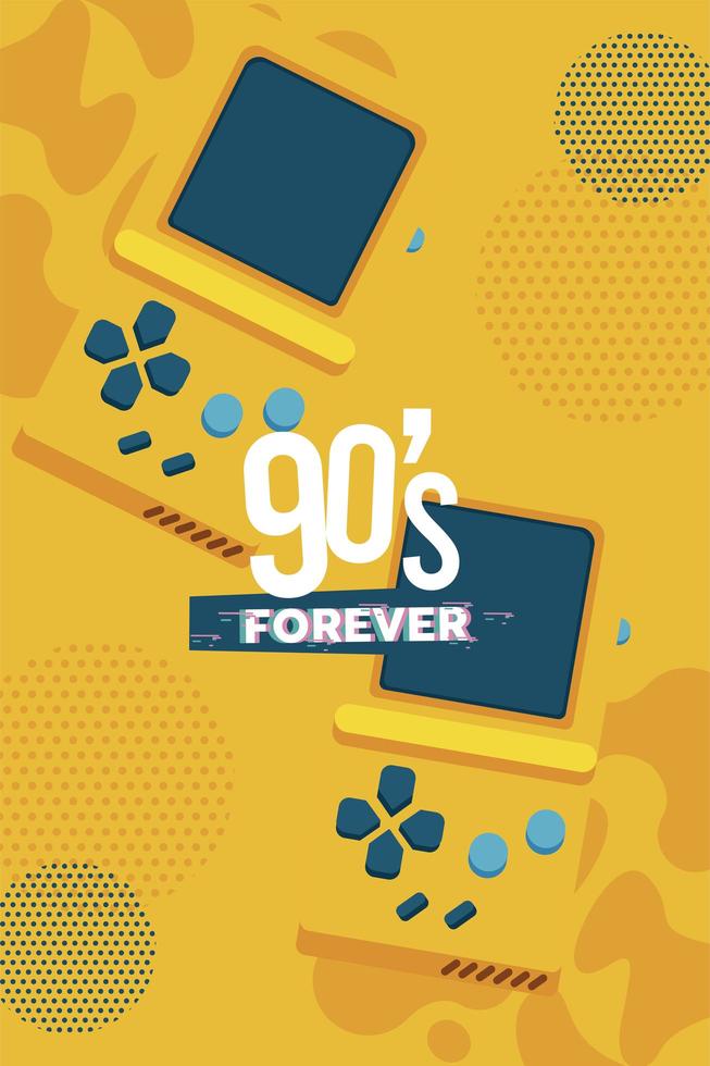 90s forever lettering with video games portables yellow background vector