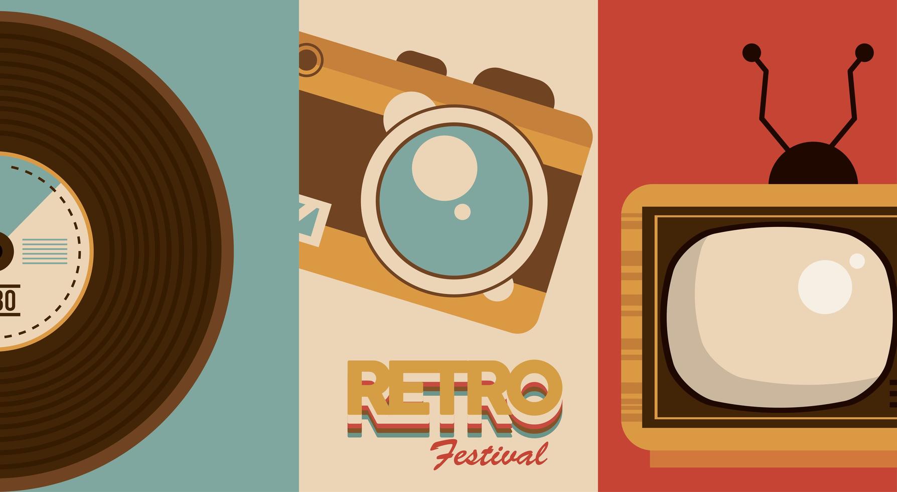 cartel de letras festival retro con iconos de conjunto vector