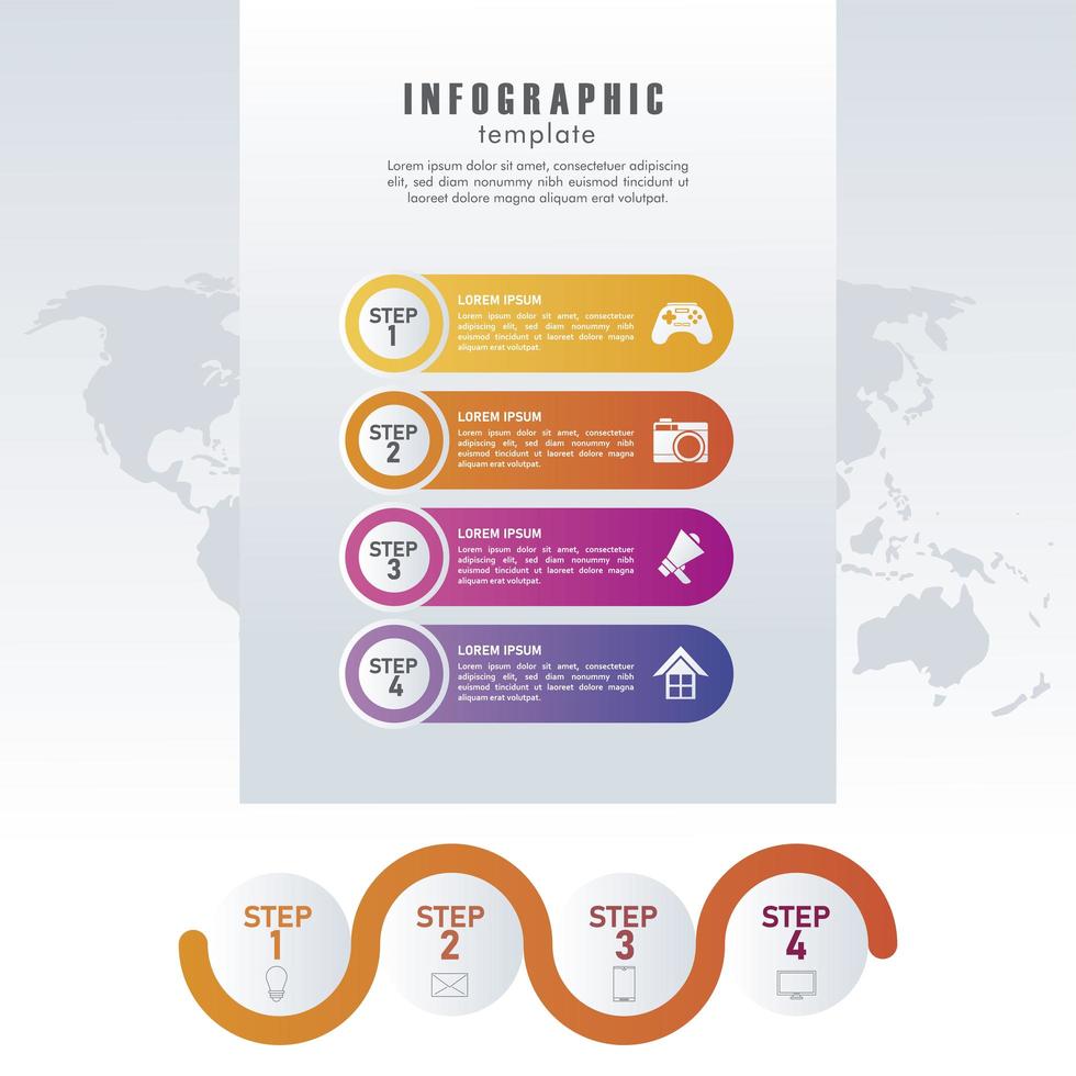 statistics infographics steps with earth maps in gray background vector