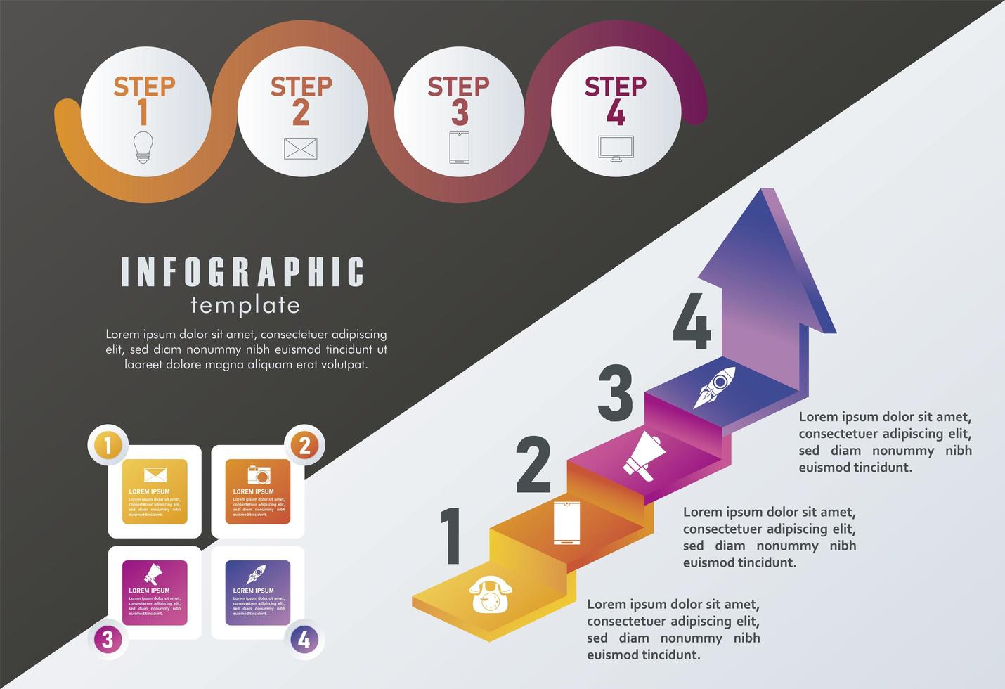 statistics infographics steps with arrows up in gray and black background vector