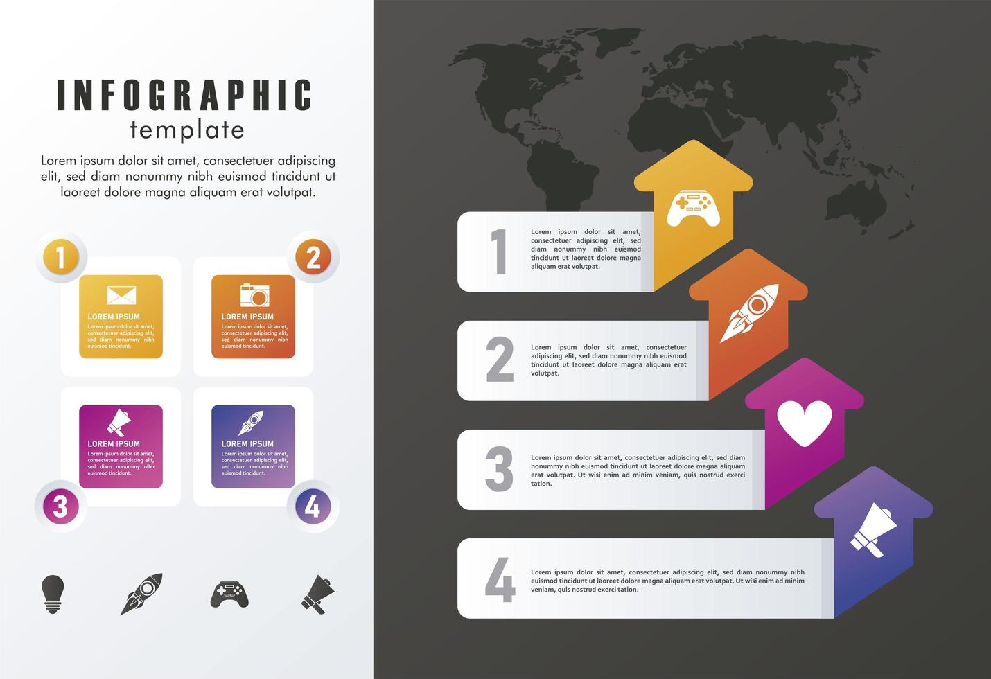 statistics infographics steps with arrows and squares in gray and black background vector