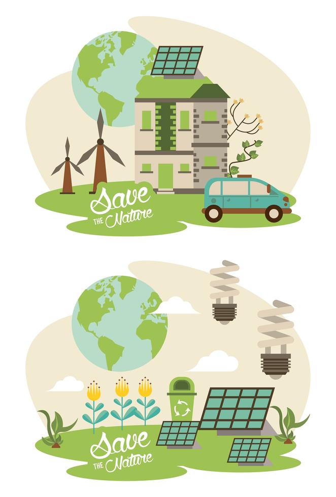 save the nature campaign with planet and landscapes scenes vector