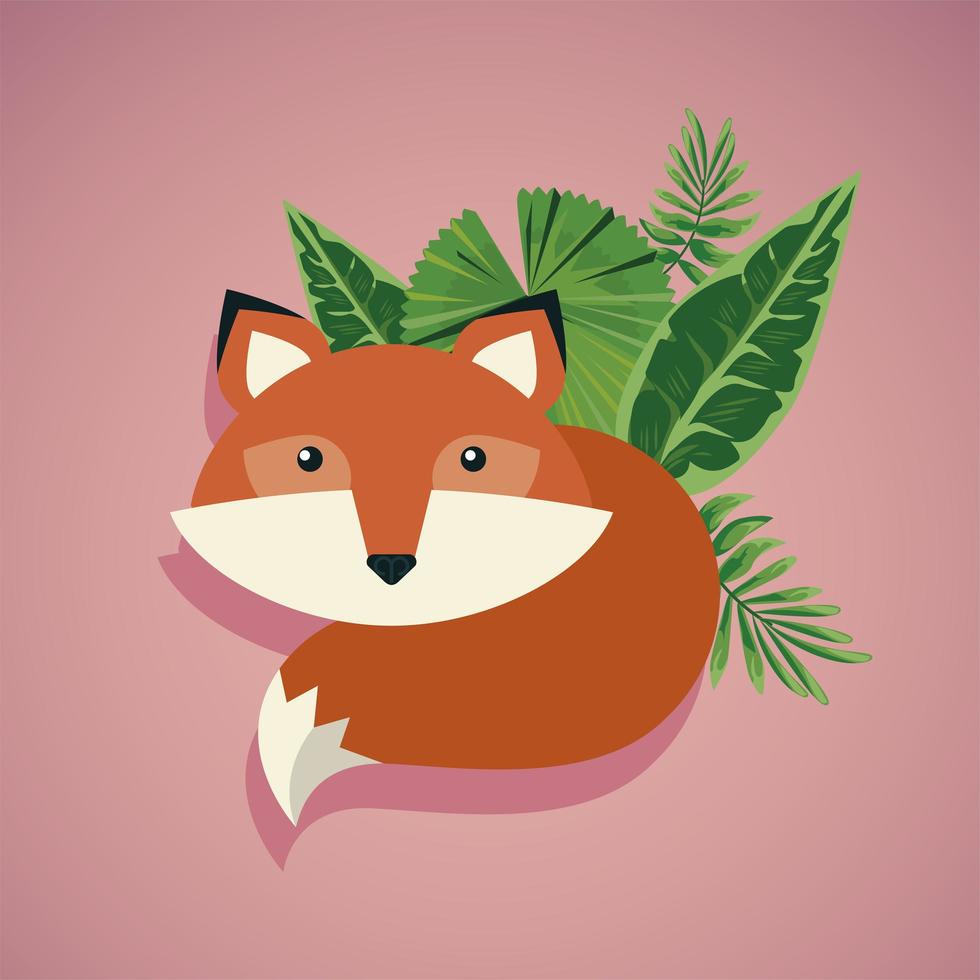 fox wild animal nature character with leafs vector