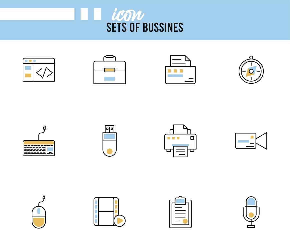 bundle of twelve business techno set icons and lettering vector