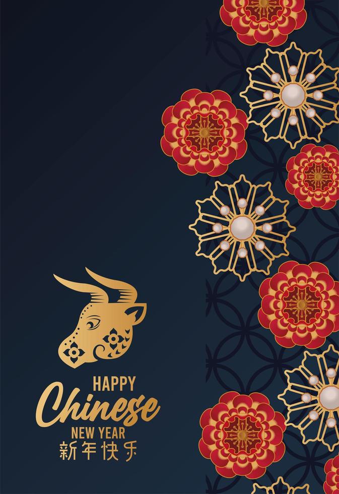 happy chinese new year card with ox and flowers in blue background vector