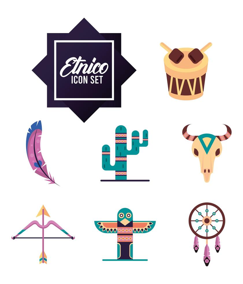 bundle of seven ethnic culture boho icons and lettering vector
