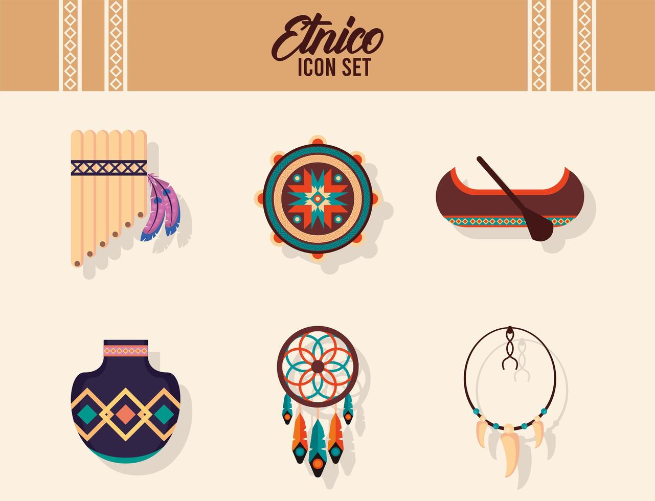 bundle of six ethnic culture boho icons and lettering vector