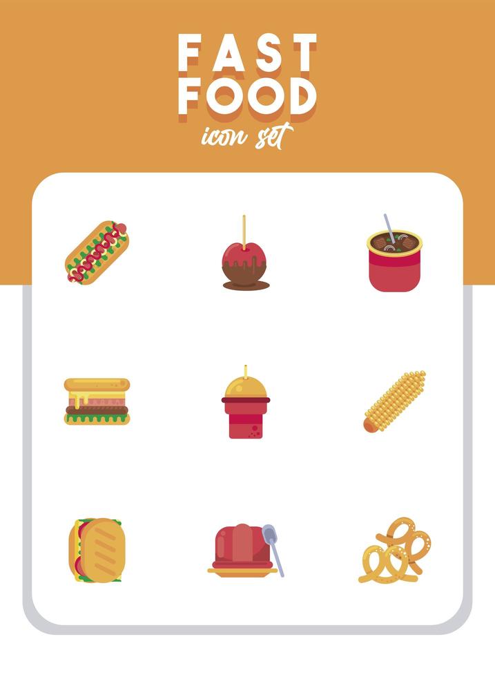 bundle of nine street fast food set icons and lettering vector