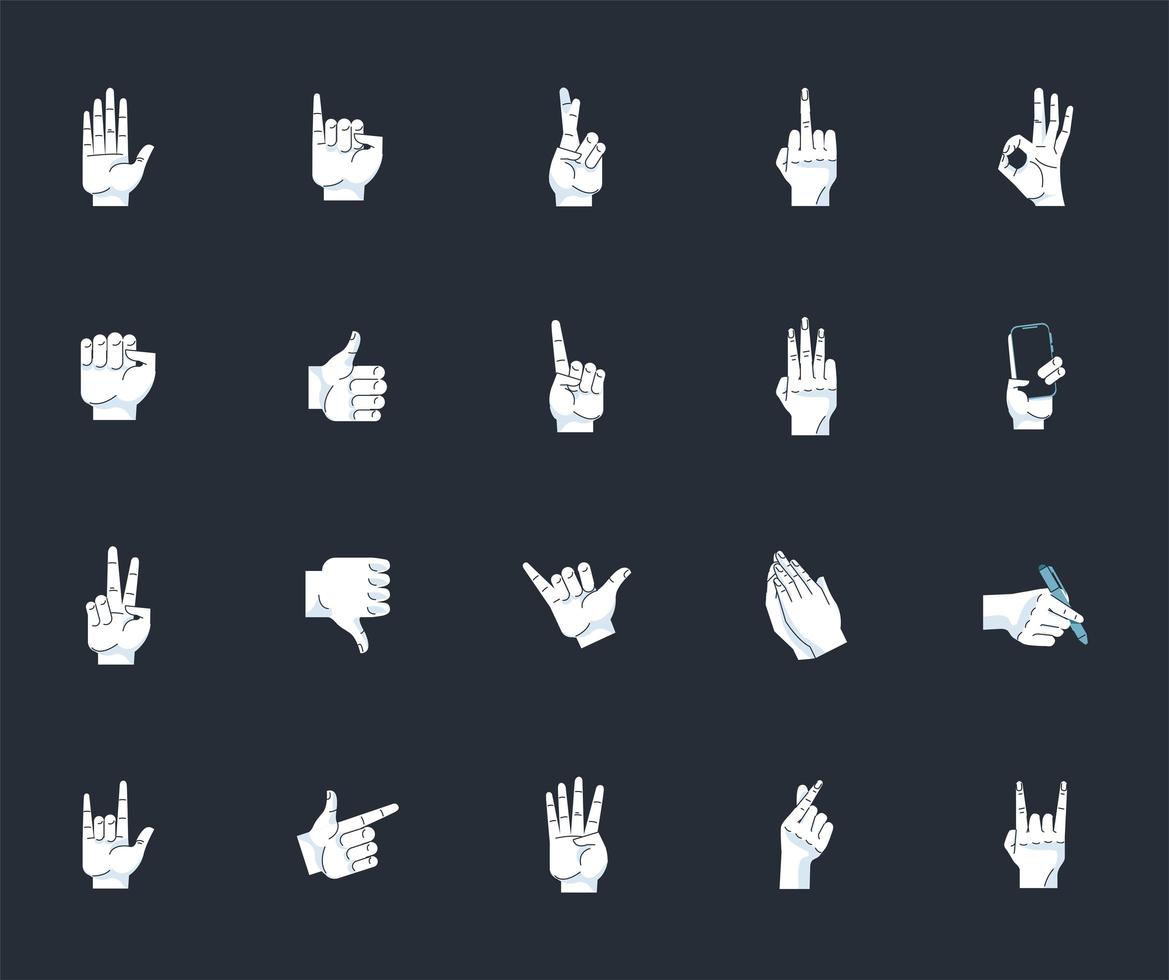 Paquete de veinte manos humanos símbolos gestos en fondo negro vector