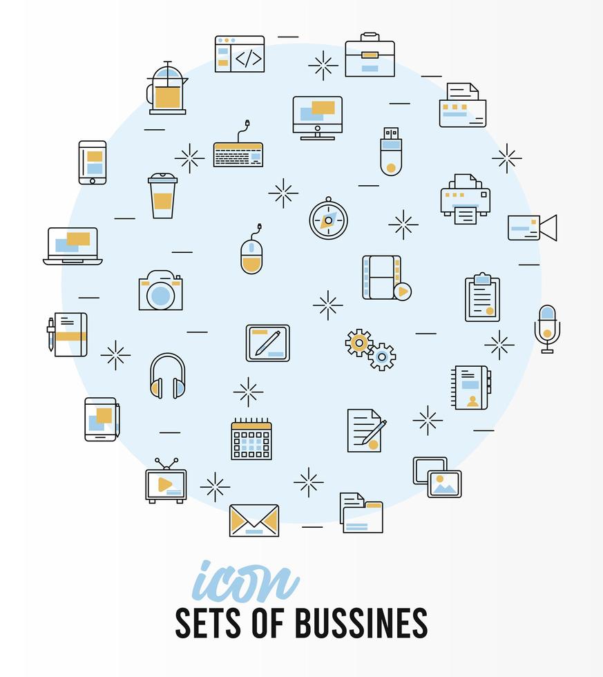 bundle of business techno set icons around and lettering vector