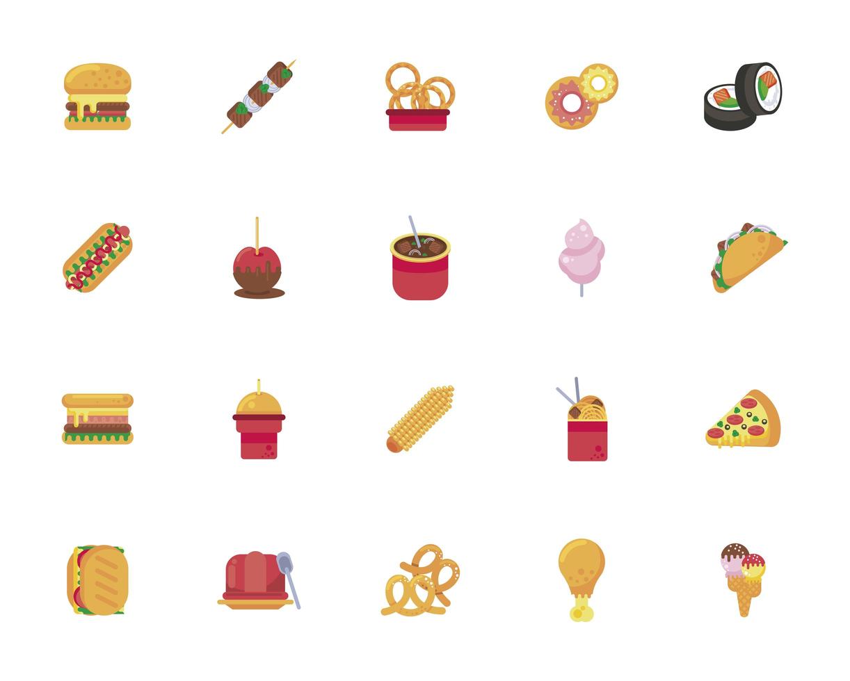 bundle of twenty street fast food set icons vector